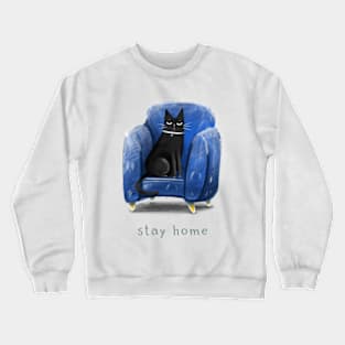 Cartoon black cat in a blue armchair and the inscription "Stay home". Crewneck Sweatshirt